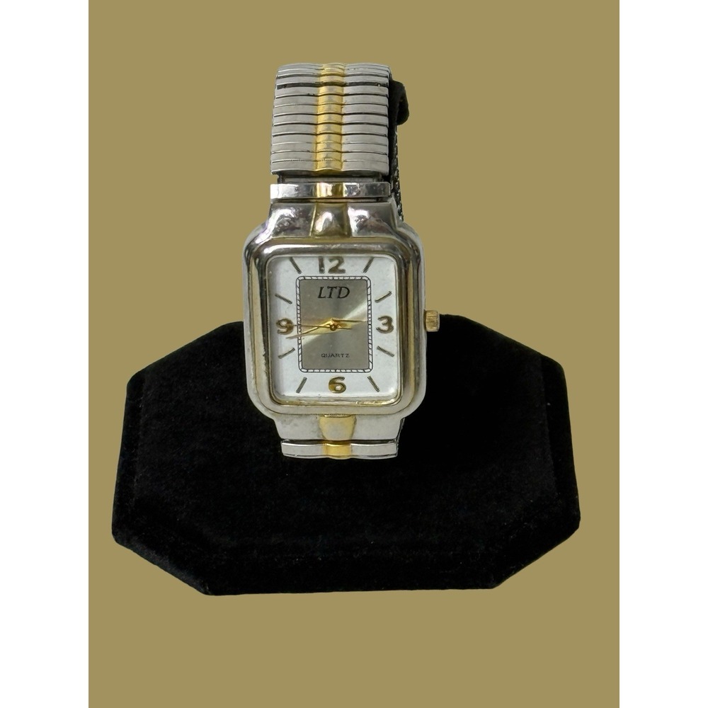 LTD Quartz Womens Watch Gold Silver Tone Stretch Band Second Hand Rectangle Face